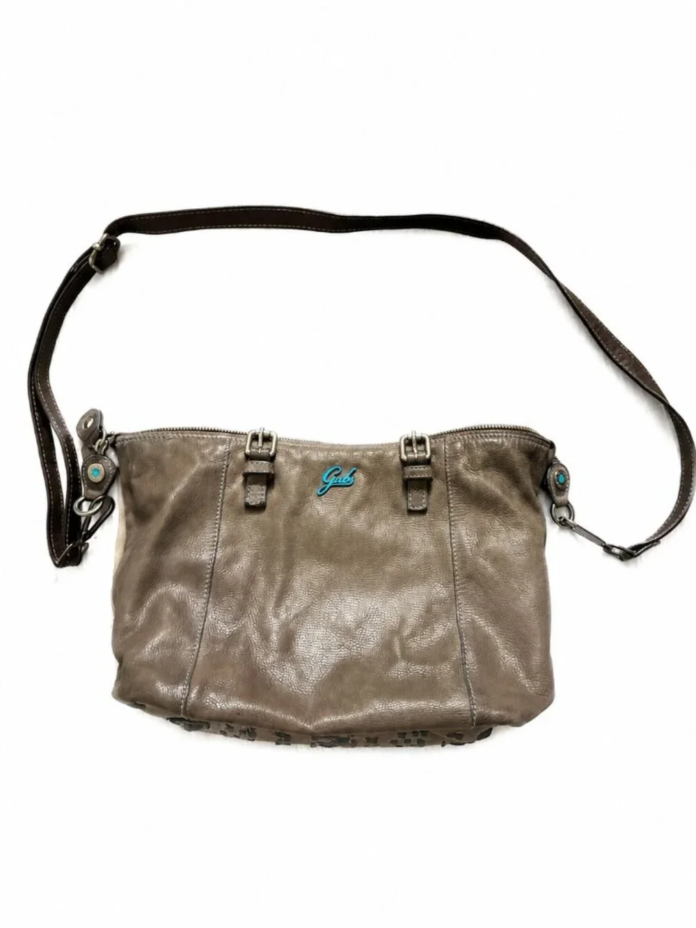 Gabs Firenze Woven Leather Shoulder Bag Taupe Turquoise Made in Italy